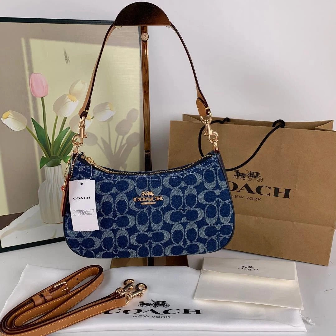 Blue Signature Pattern Shoulder Bag – Denim-Style Handbag with Adjustable Strap – Approx. 16 oz