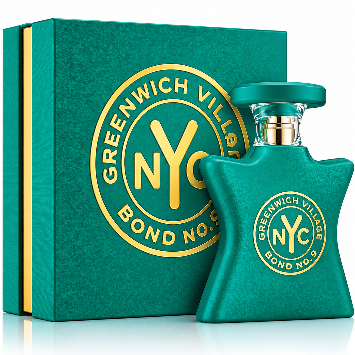 Greenwich Village Bond No. 9 perfume bottle in a distinctive star shape alongside its matching green and gold presentation box.