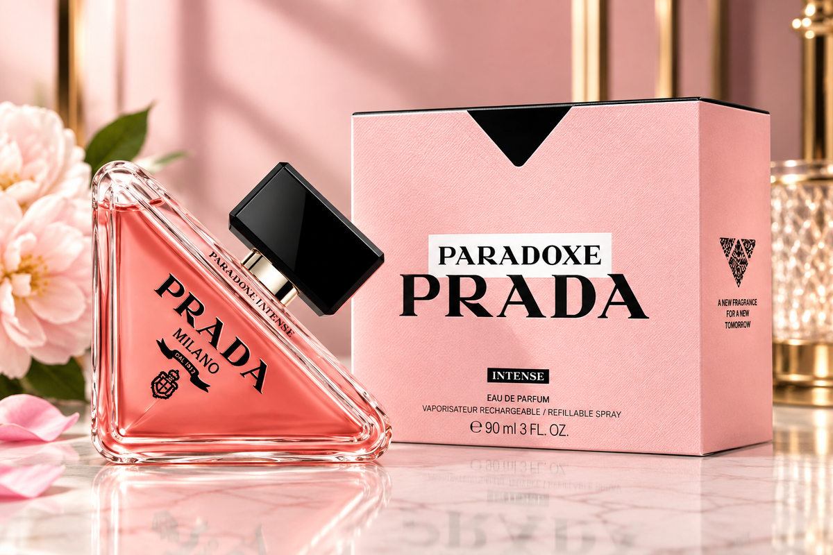 Prada Paradoxe Prada Intense perfume bottle and its pink packaging box, styled on a marble surface with pink flowers and gold background elements.