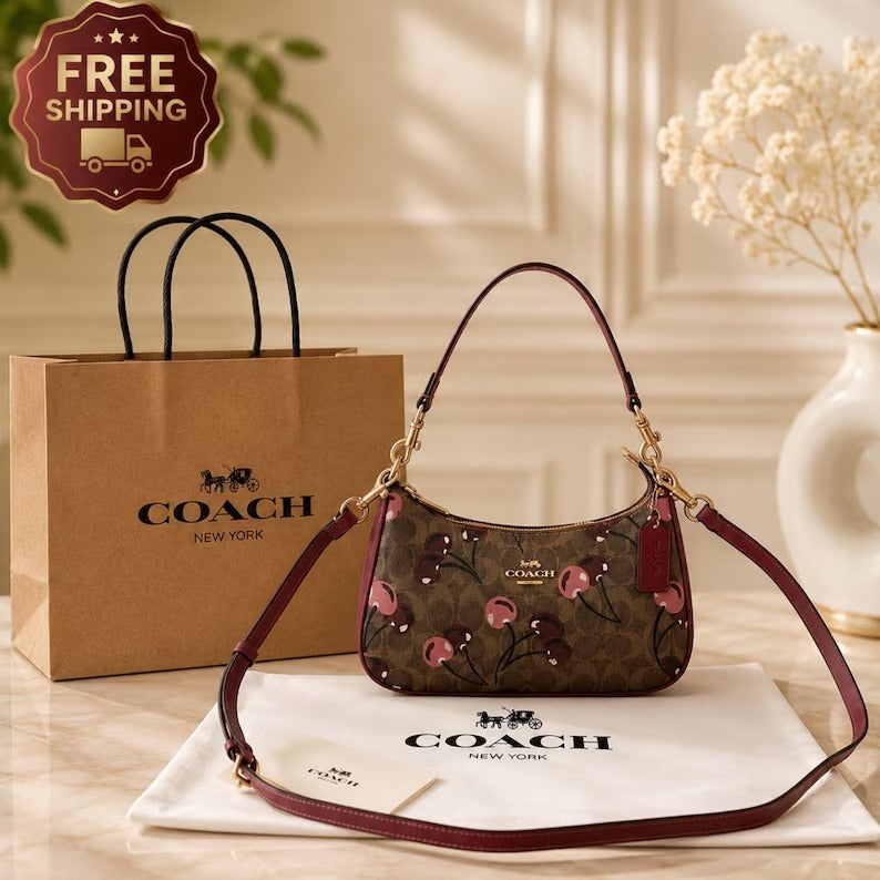 Cherry Print Shoulder Bag – Brown Designer-Style Handbag – Approx. 16 oz