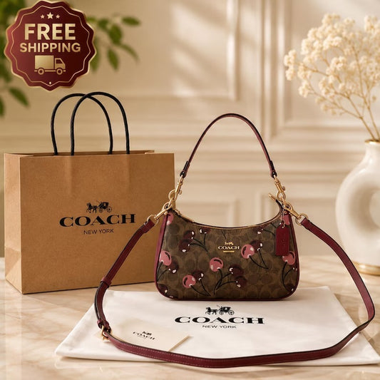 Cherry Print Shoulder Bag – Brown Designer-Style Handbag – Approx. 16 oz