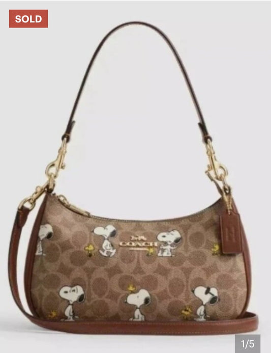 Snoopy Cartoon Print Shoulder Bag – Brown Canvas Handbag – Approx. 16 oz