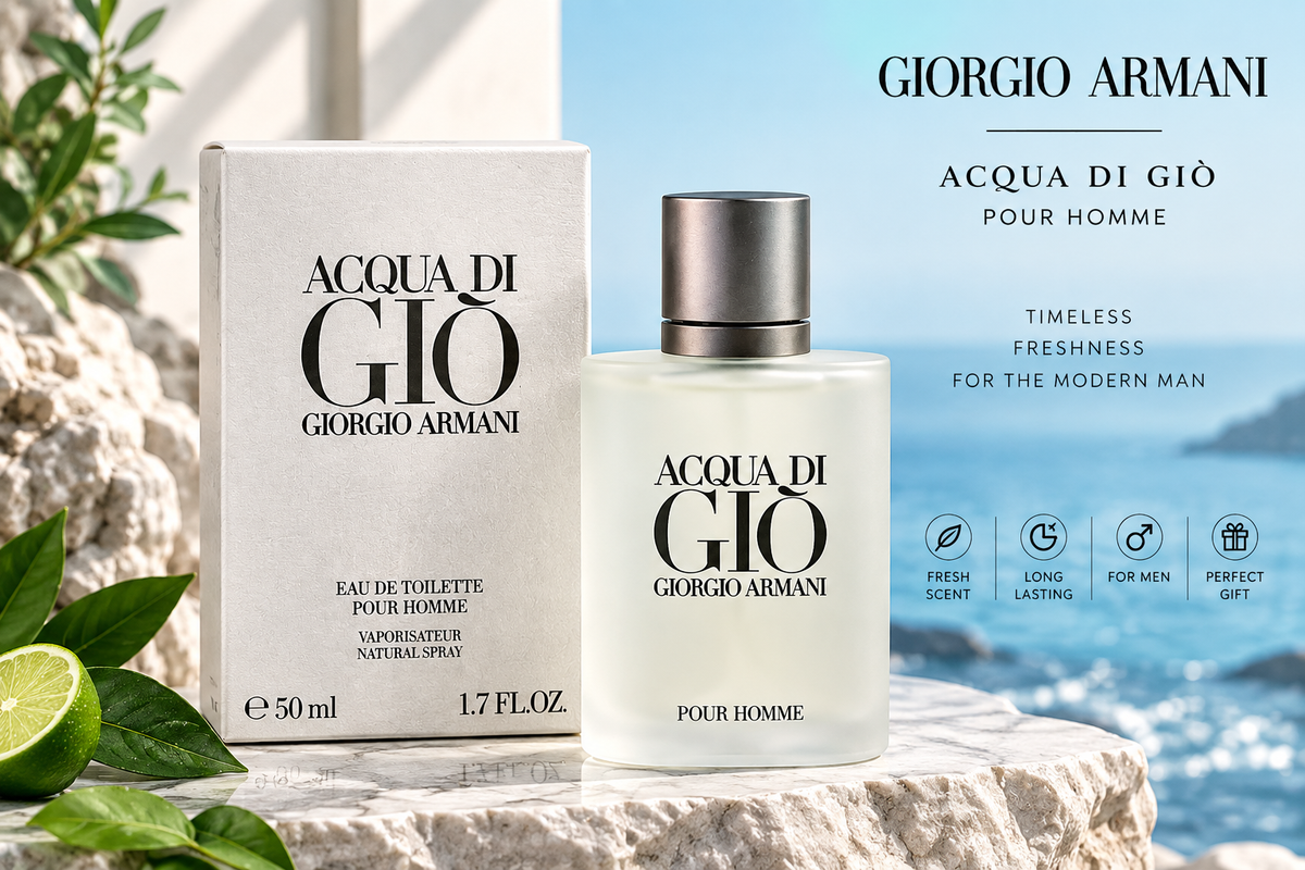 Giorgio Armani Acqua Di Gio Pour Homme fragrance shown with its white box and frosted bottle on a stone surface, with ocean and beach imagery in the background and lime slices and leaves in the foreground.