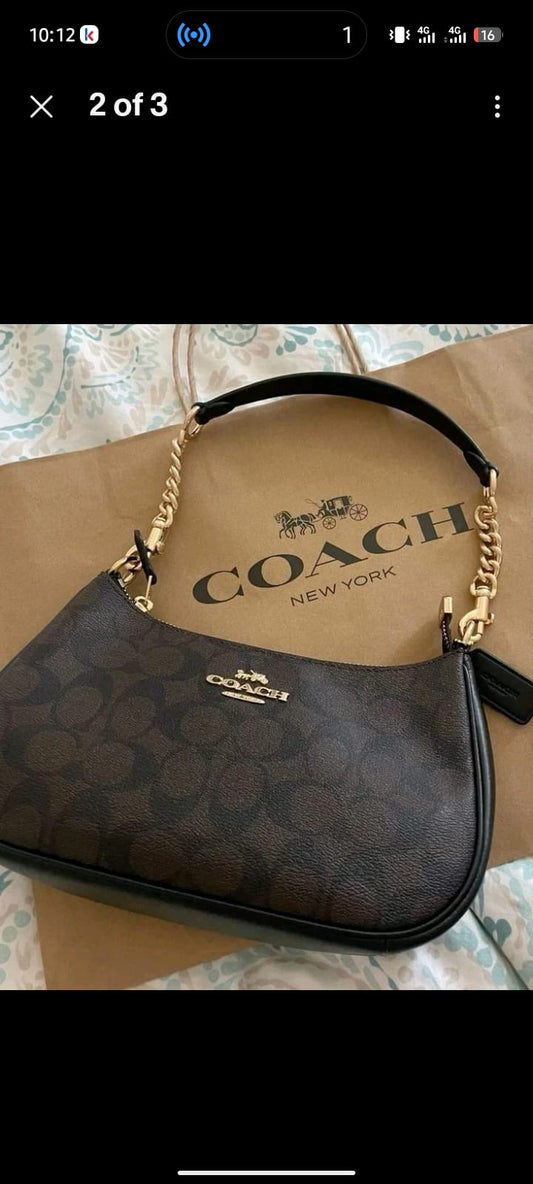 Brown Signature Pattern Shoulder Bag with Chain Strap – Black Trim – Approx. 16 oz